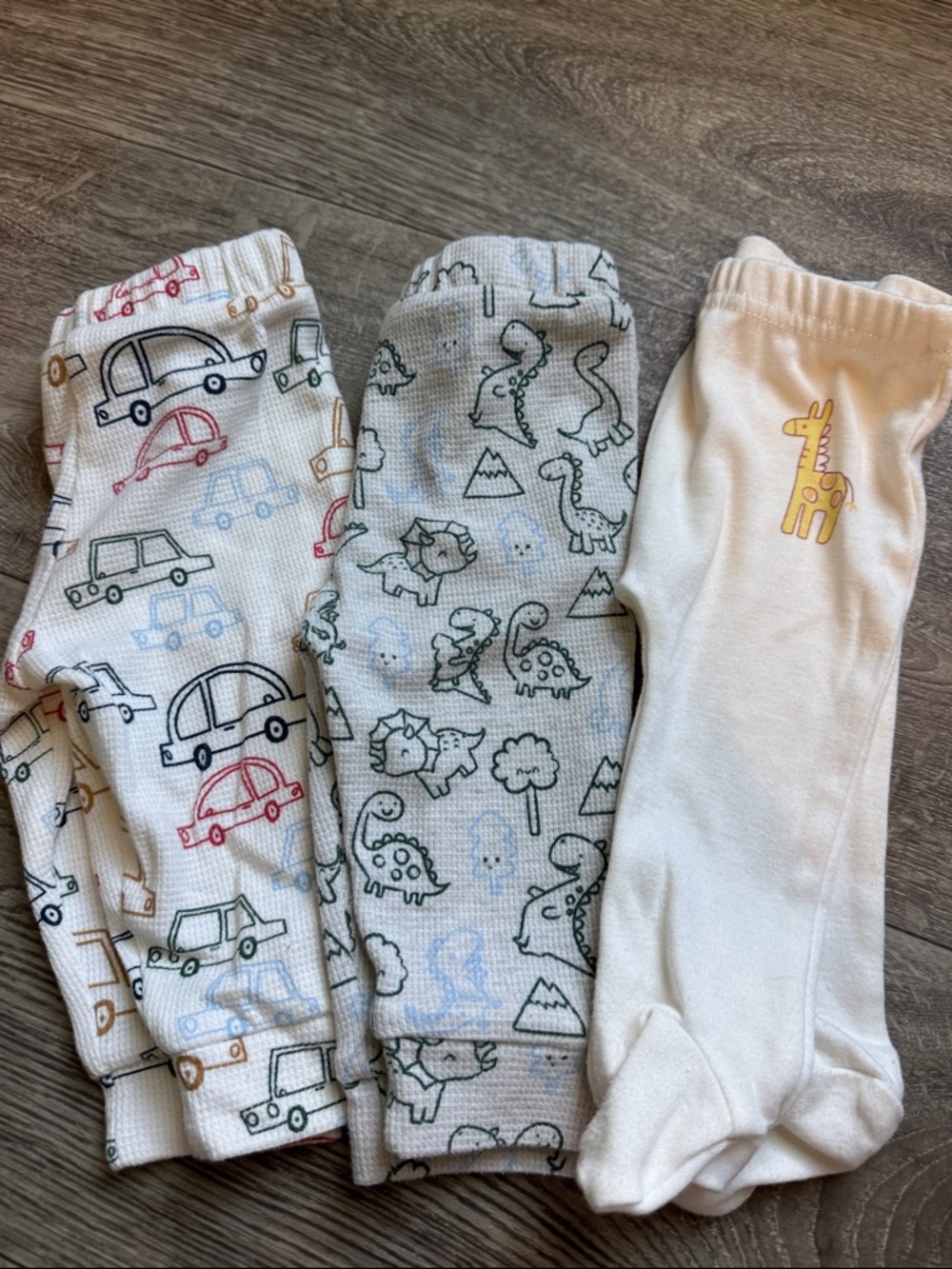 Baby Car, Dino & Giraffe Pants Trio - Cream, Gray, White